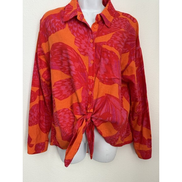 Scoop Women's Button Down Shirt Long Sleeve Linen Blend Size S Red Orange EUC - Picture 1 of 6